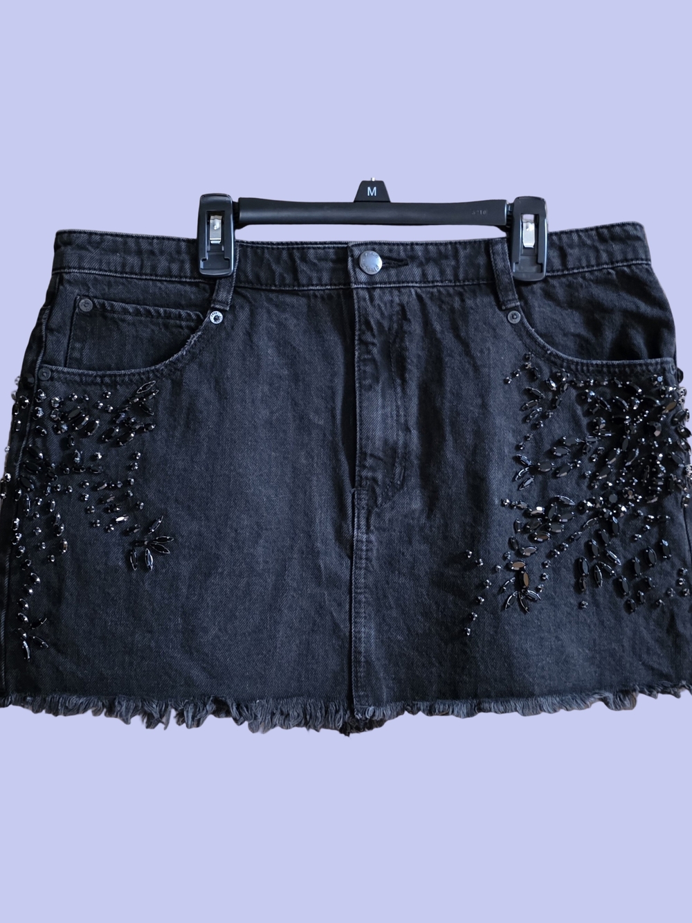 Free People Embellished Black Denim Mini Skirt
